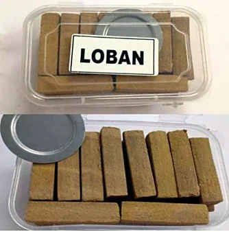 Box of Shree Aroma Loban dhoop tukda bars with holder plate